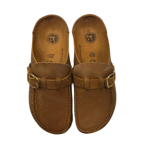 Pair of brown leather sandals with buckles on a white background
