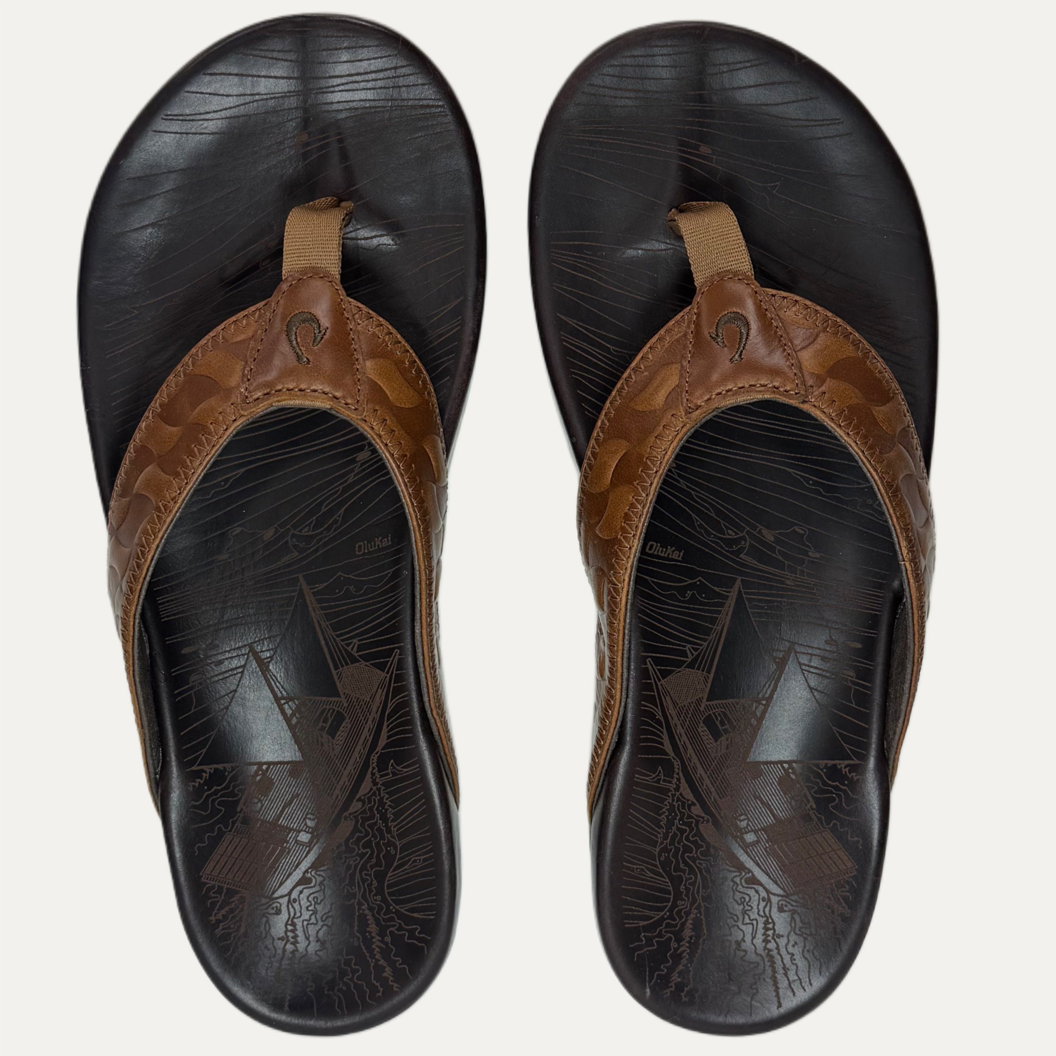 Men's Olukai Hikianalia Leather Flip Flop - Tan / Dark Java