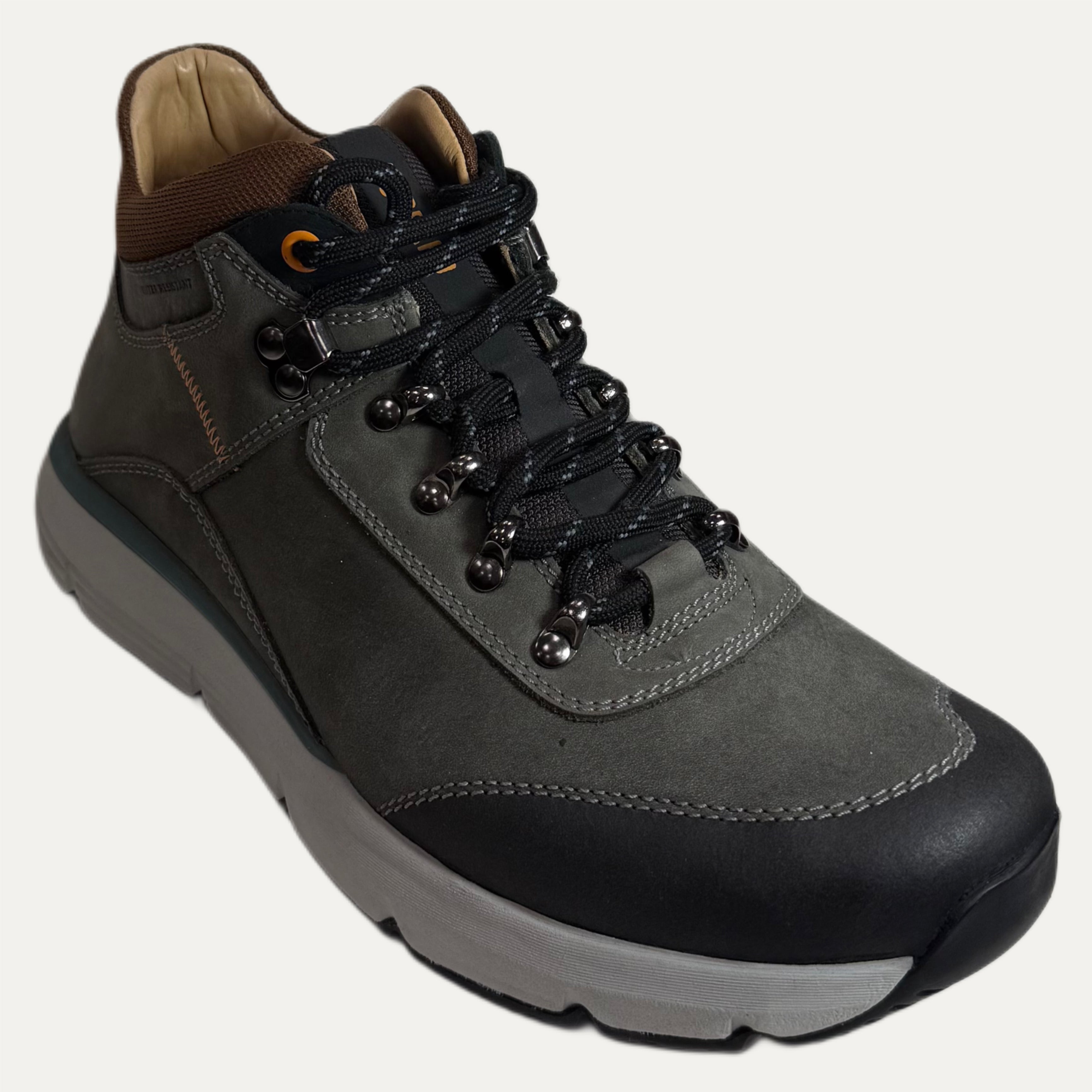Gray hiking boot with black laces on a white background