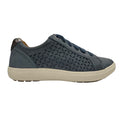 Navy blue sneaker with beige sole on a white background