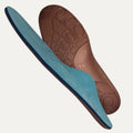 Blue and brown shoe insoles on a white background