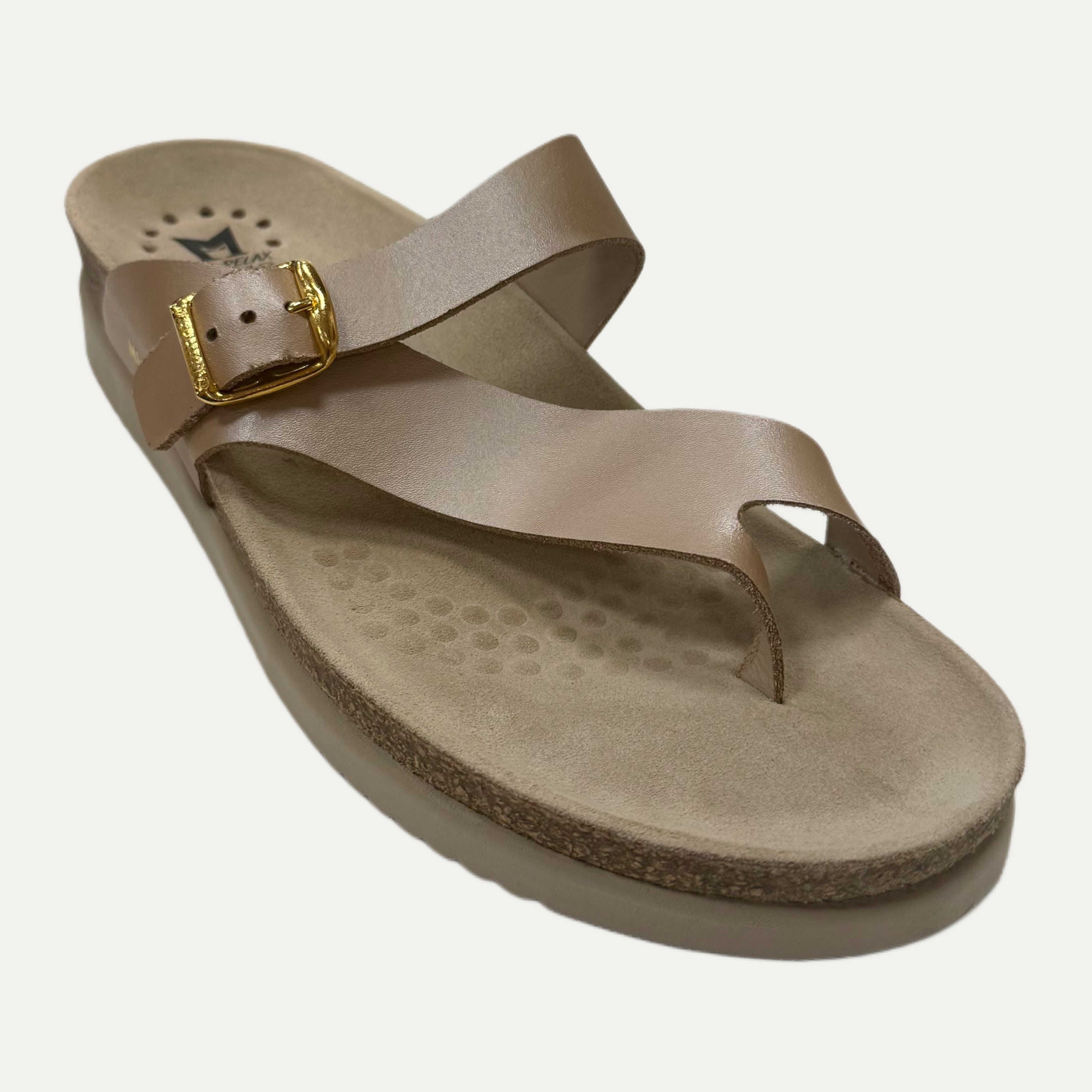 Beige sandal with a gold buckle on a white background