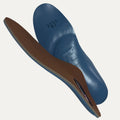 Blue and brown shoe insole on a white background