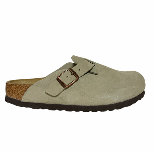 taupe suede clog shoe with a brown buckle on a white background