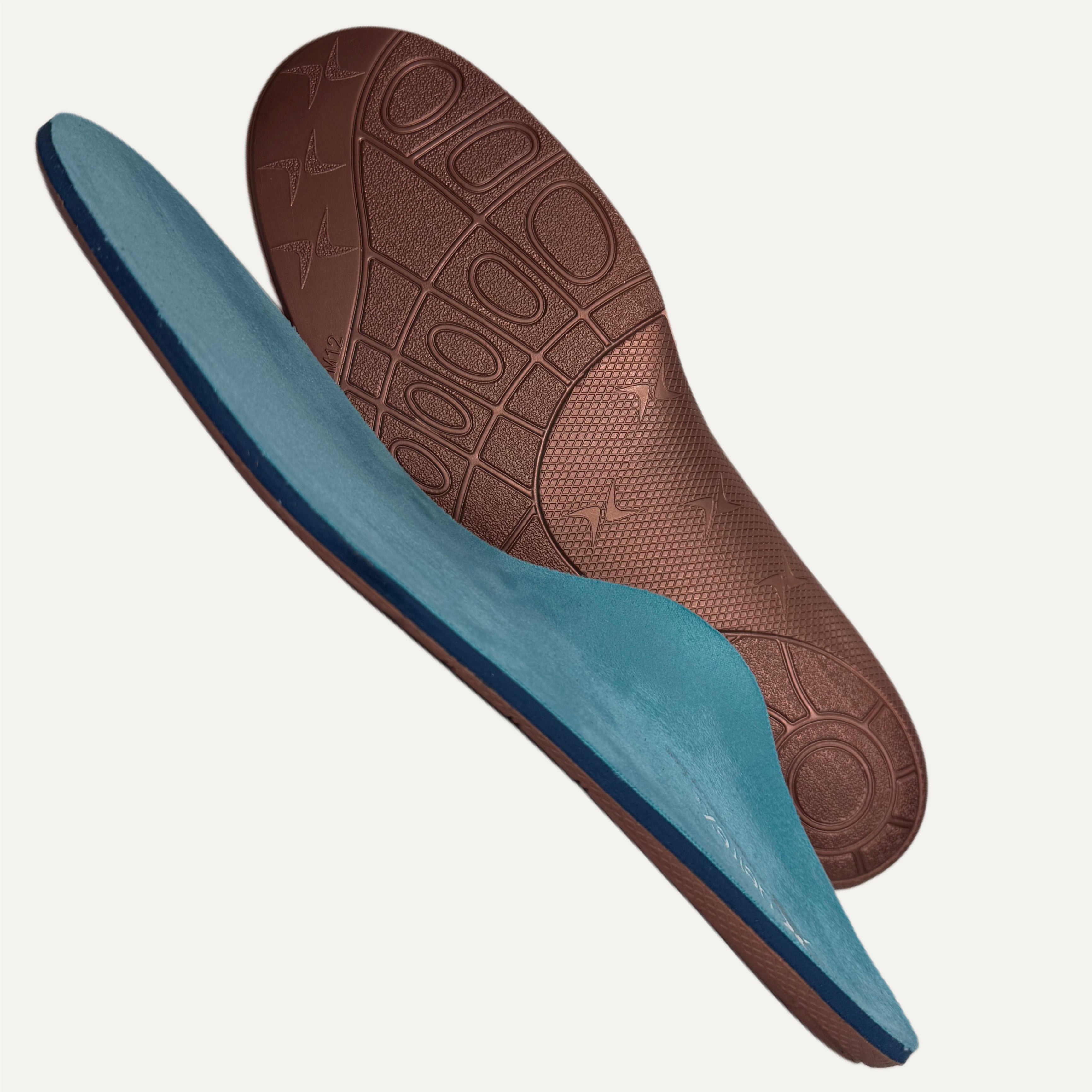 Blue and brown shoe insoles on a white background
