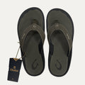 Pair of olive green flip flops with a tag on a white background