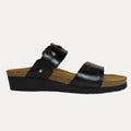Black sandal with a strap on a white background