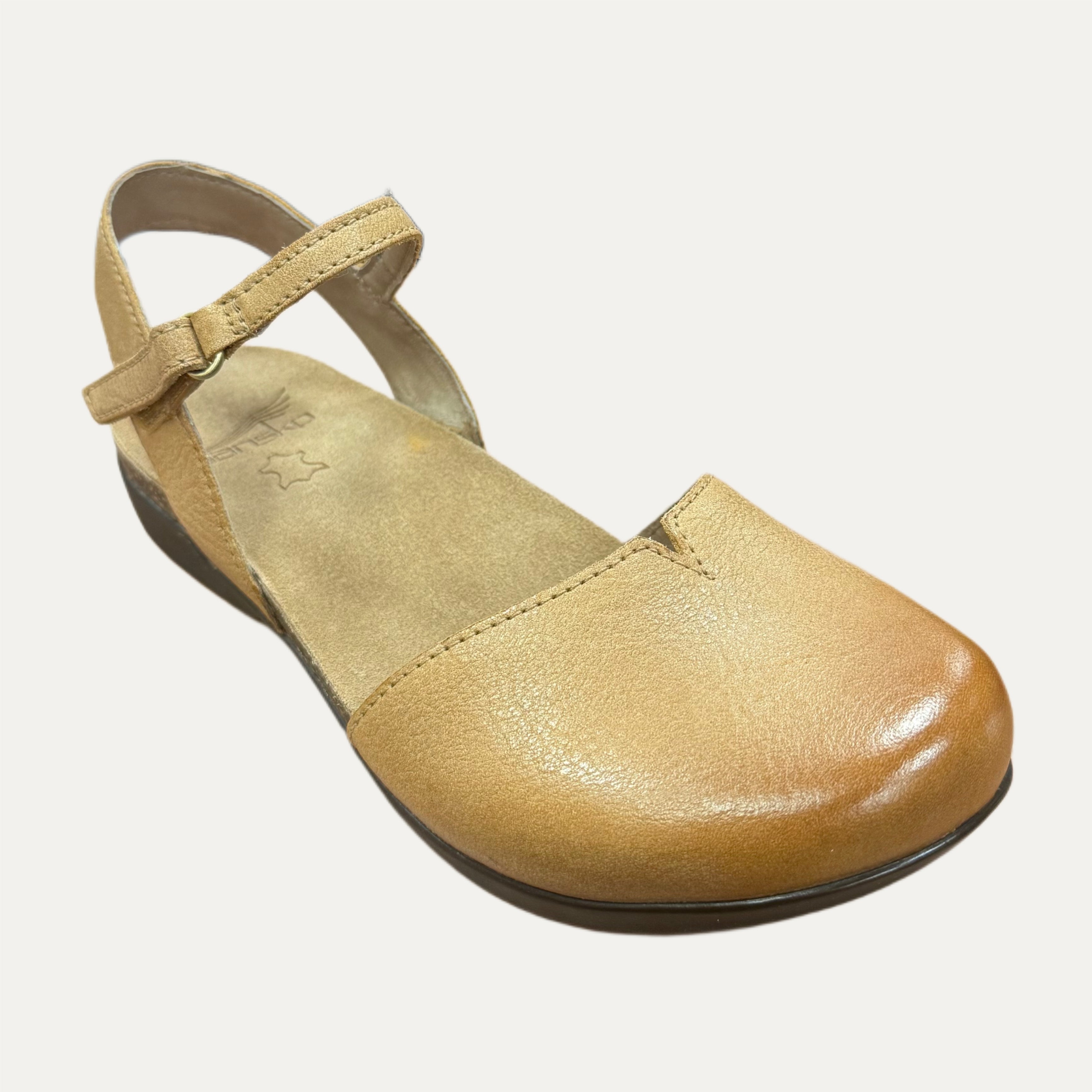 Tan sandal with a strap on a white background