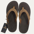 Pair of brown flip flops with a visible brand tag on a white background