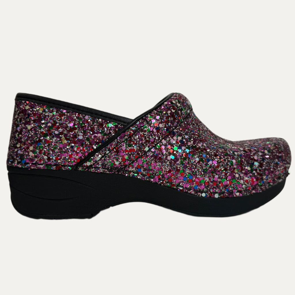 multicolor Glitter clog shoe with a black sole on a white background