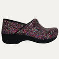 multicolor Glitter clog shoe with a black sole on a white background