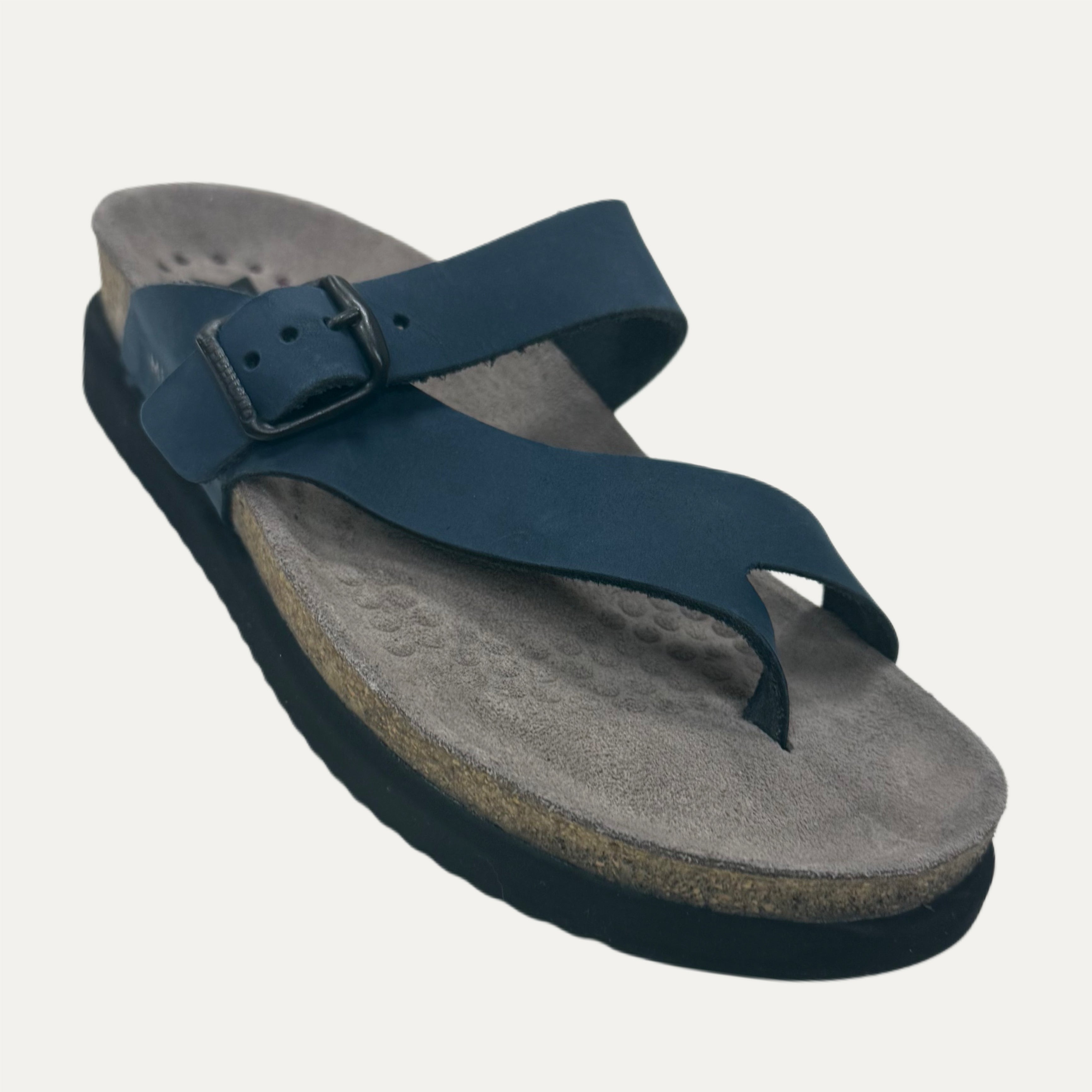 Blue sandal with a gray sole on a white background