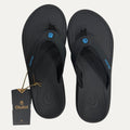 Black flop flops with a visible brand tag on a white background