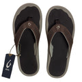 Pair of black and brown flip flops with a visible brand tag on a white background