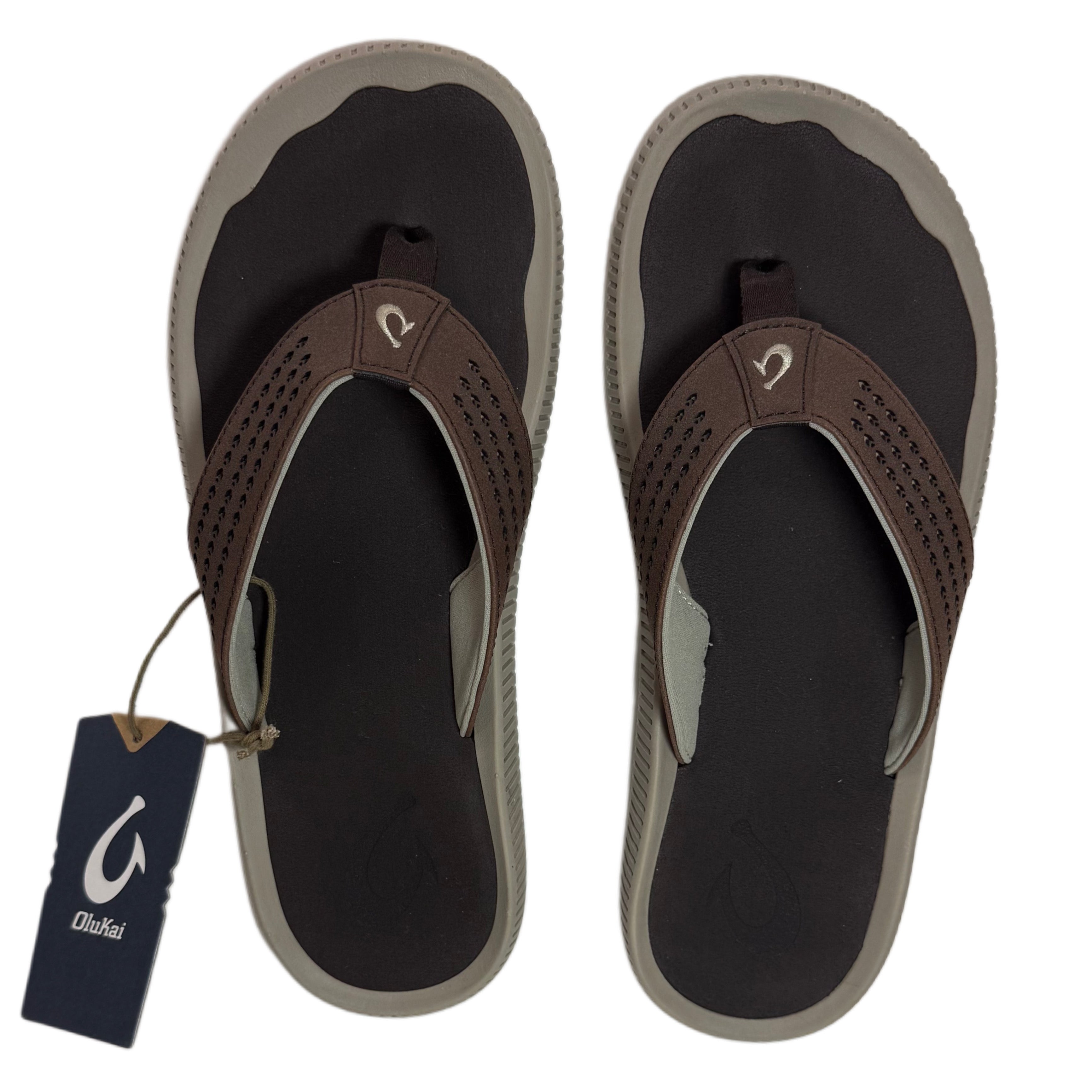 Pair of black and brown flip flops with a visible brand tag on a white background