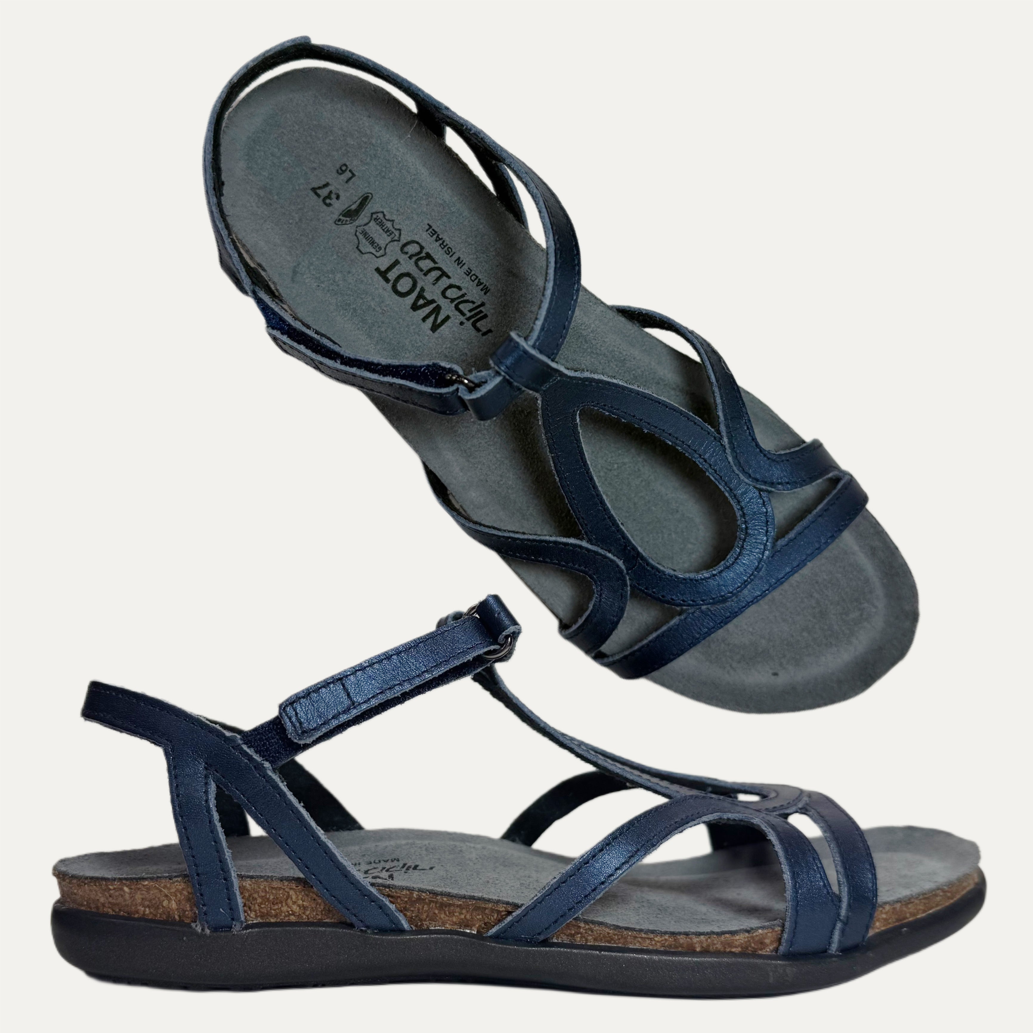 Pair of blue sandals with a white background