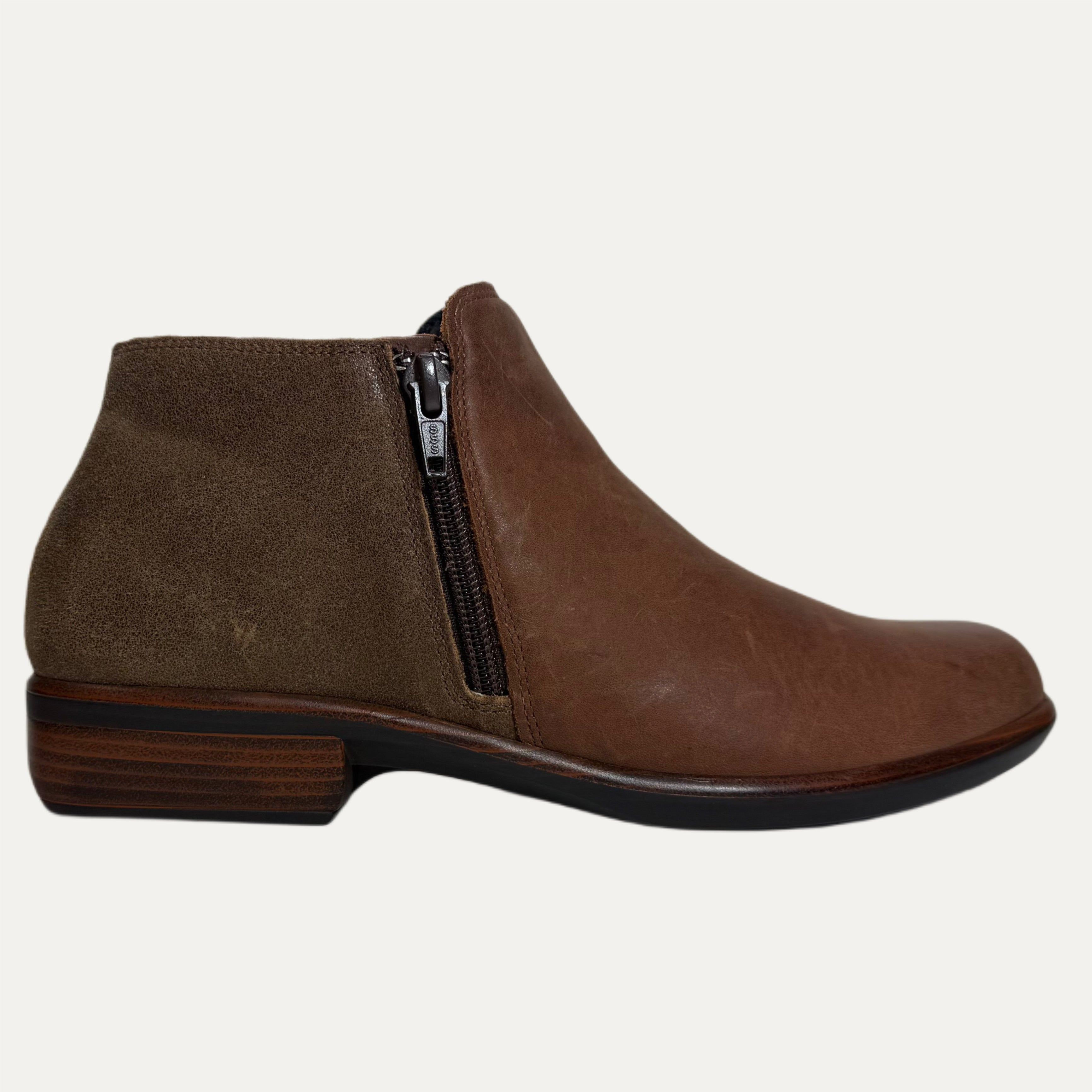 Brown ankle boot with a zipper on a white background