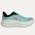 mint green running shoe with pink 'Hoka' logo on a white background