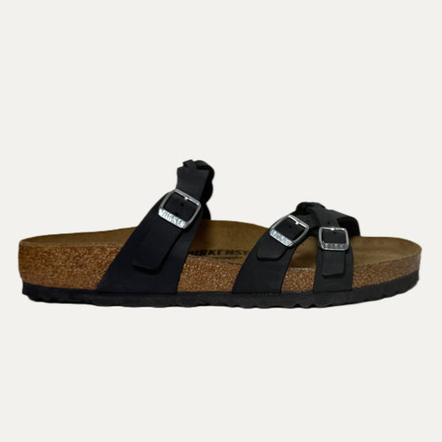 Black sandal with cork sole on a white background