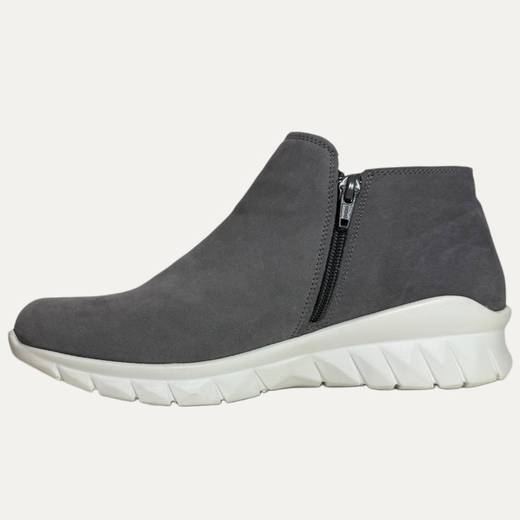 Gray ankle boot with a white sole on a white background
