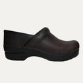 Black leather clog shoe on a white background