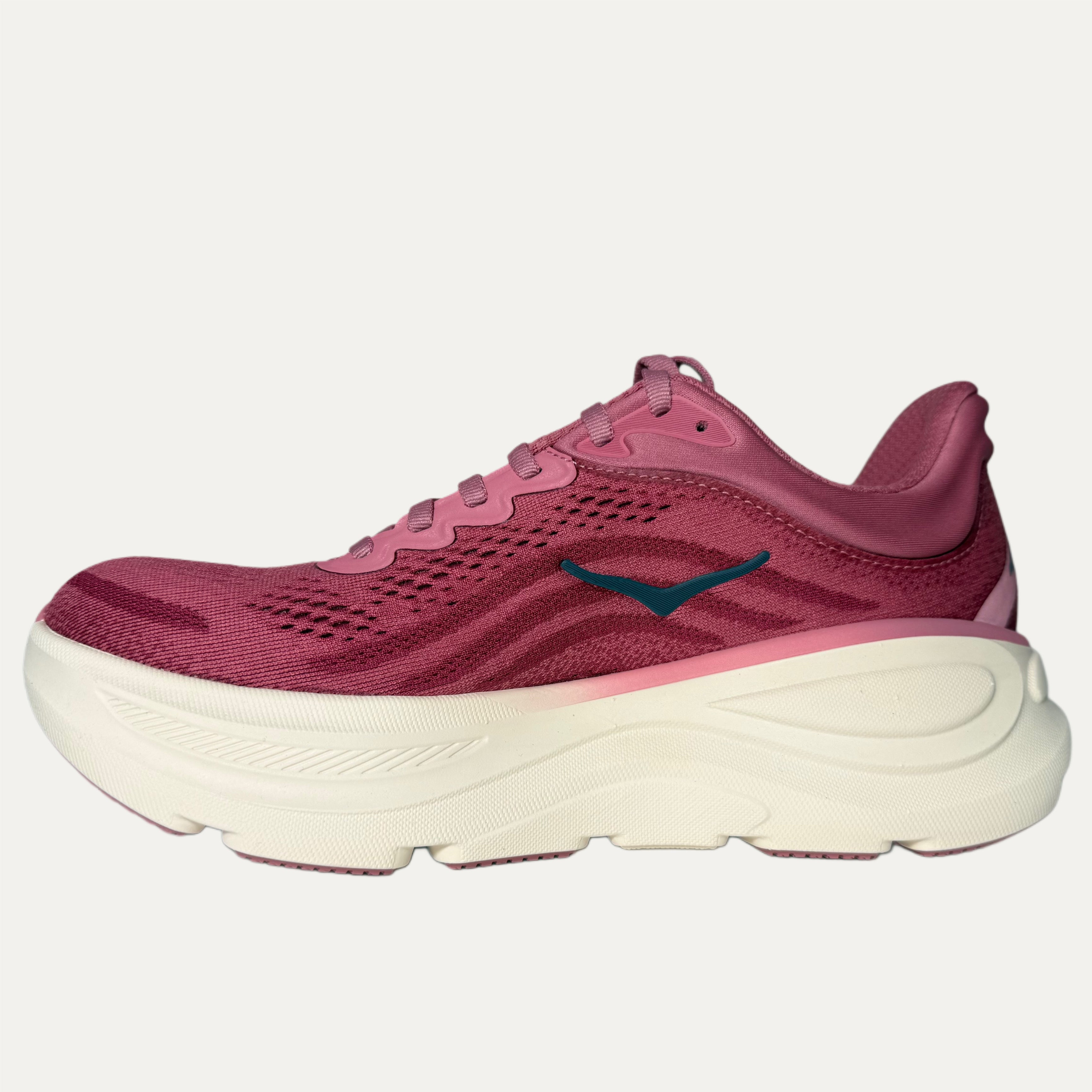 Lingonberry cranberry bondi 9 hoka running shoe on white background 