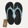 Light blue flip-flops with a brand tag on a white background