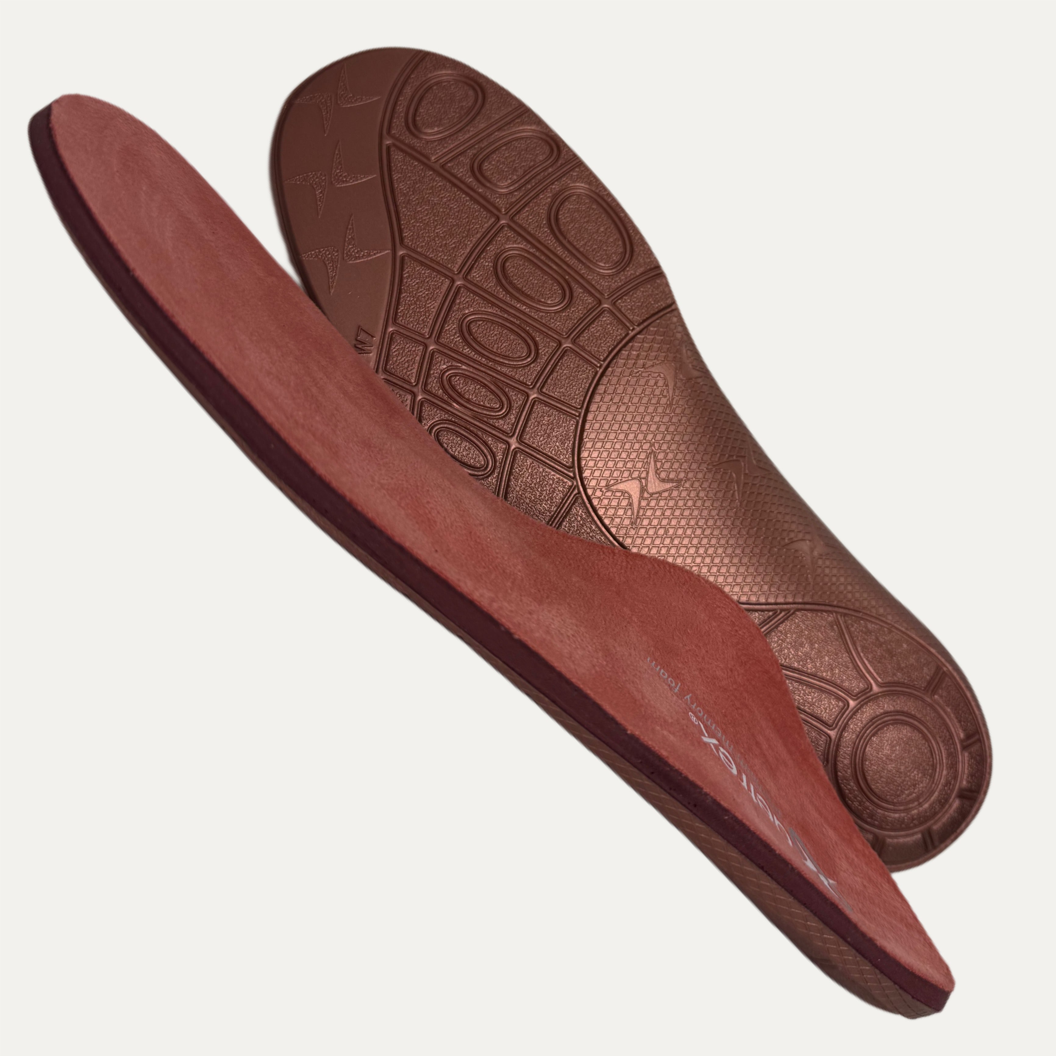 Brown and copper shoe insoles on a light gray background