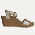 Metallic Wedge sandal with cork wedge sole on a white background