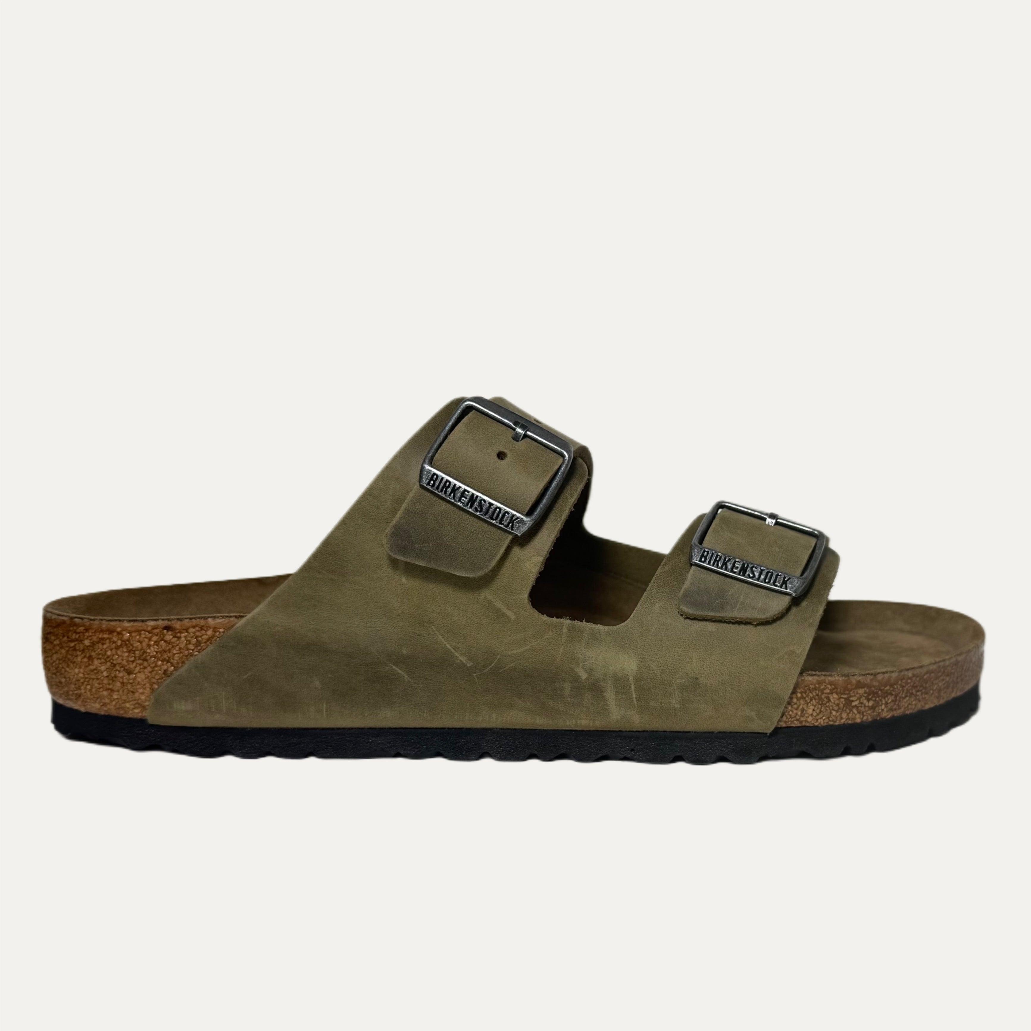 Birkenstock Arizona Slide Leather Soft Footbed Sandal - Faded Khaki