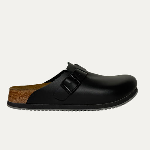 Black sandal with a cork insole on a white background