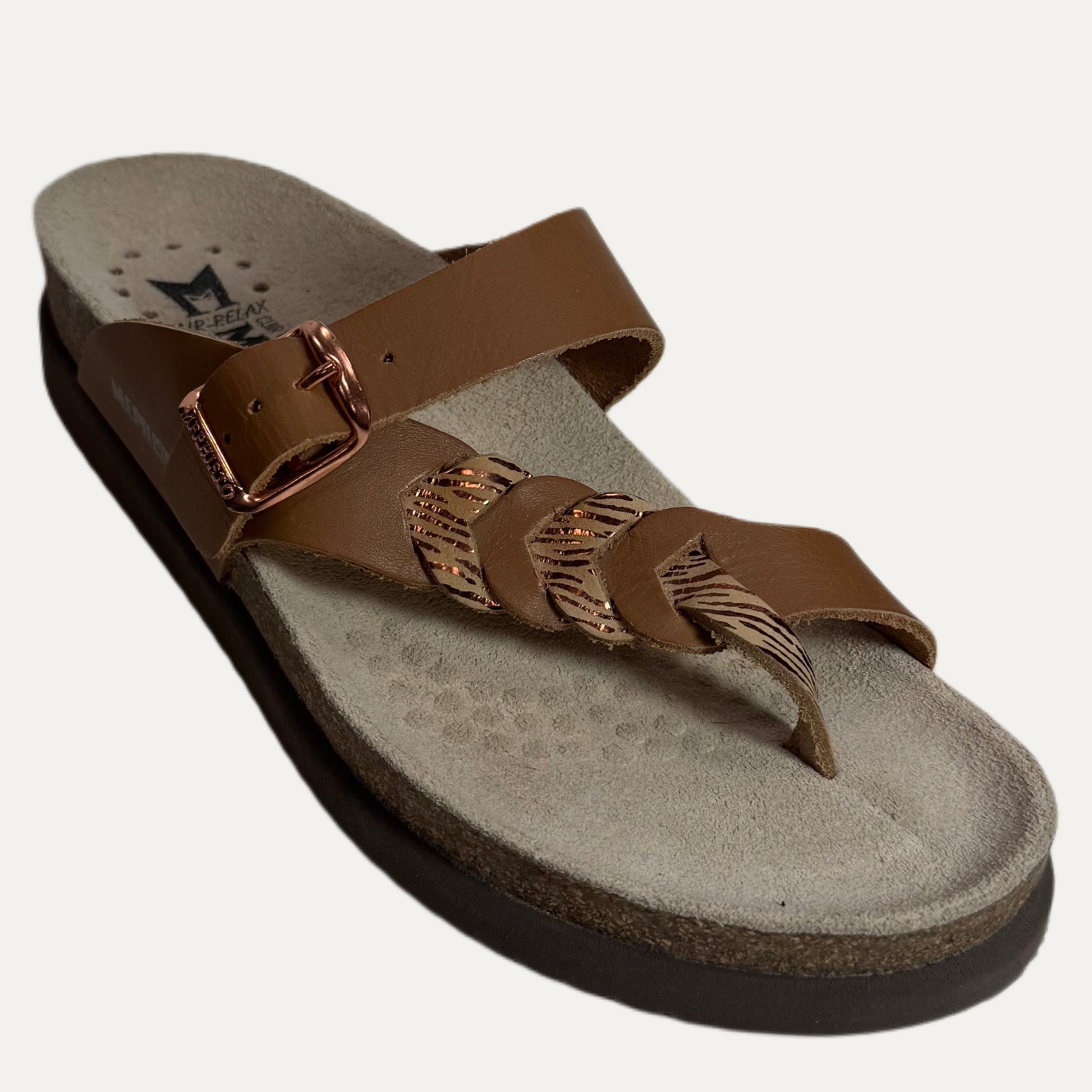 Brown sandal with a strap on a white background