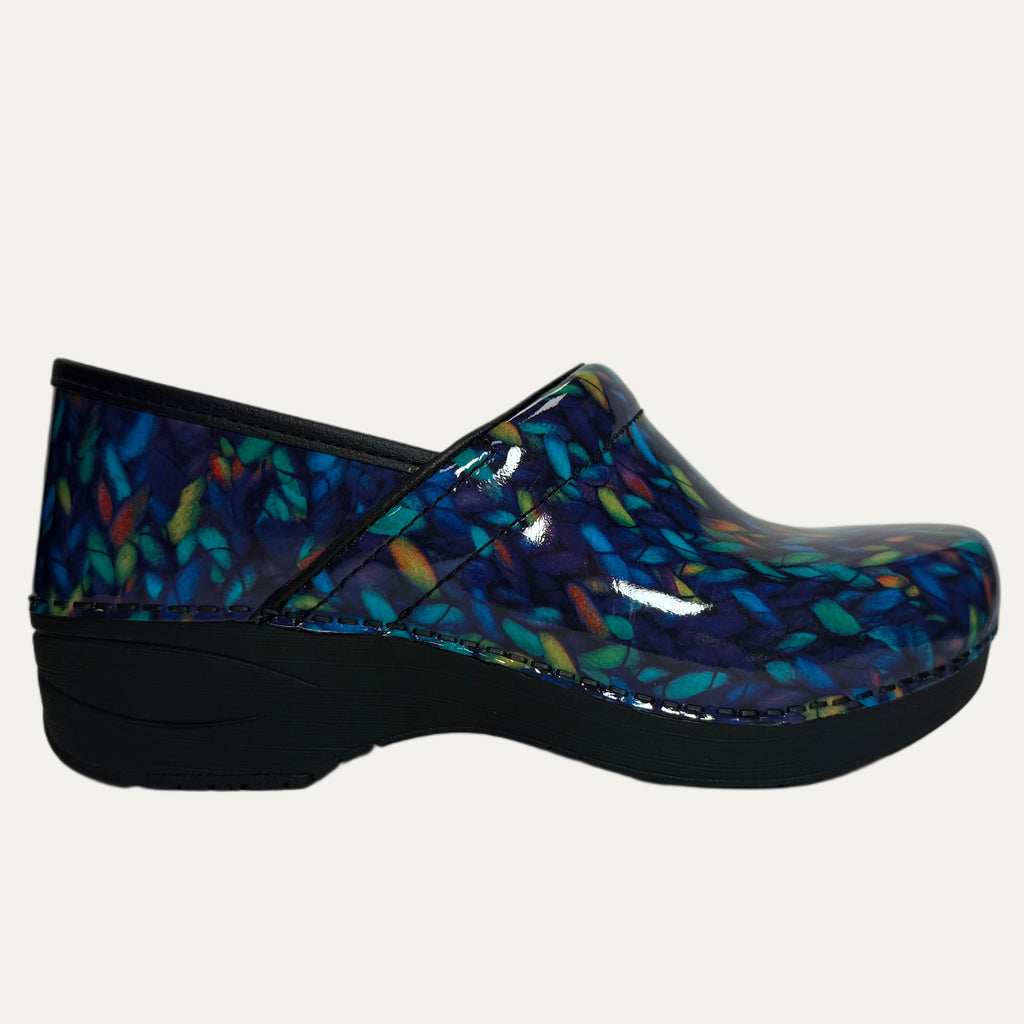 Blue clog shoe with colorful pattern on a white background
