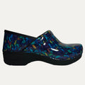 Blue clog shoe with colorful pattern on a white background