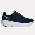 Navy running shoe with white sole on a light gray background
