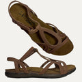 Brown sandals with multiple straps on a white background