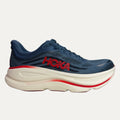 Blue running shoe with red sole on a white background