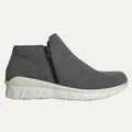 Gray ankle boot with a white sole on a white background