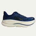 Blue running shoe with white sole on a light gray background