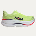 Neon green running shoe with Hoka branding on a white background