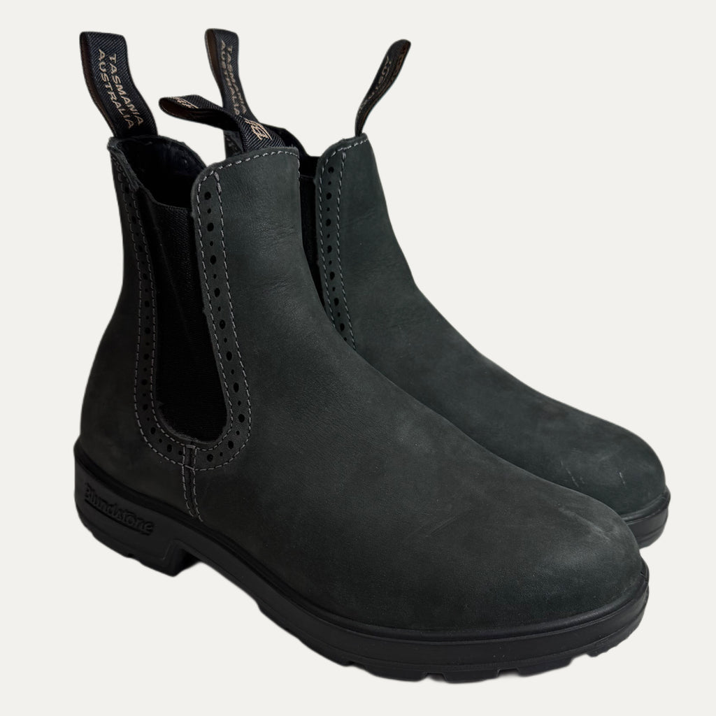 Pair of black Chelsea boots on a light gray background