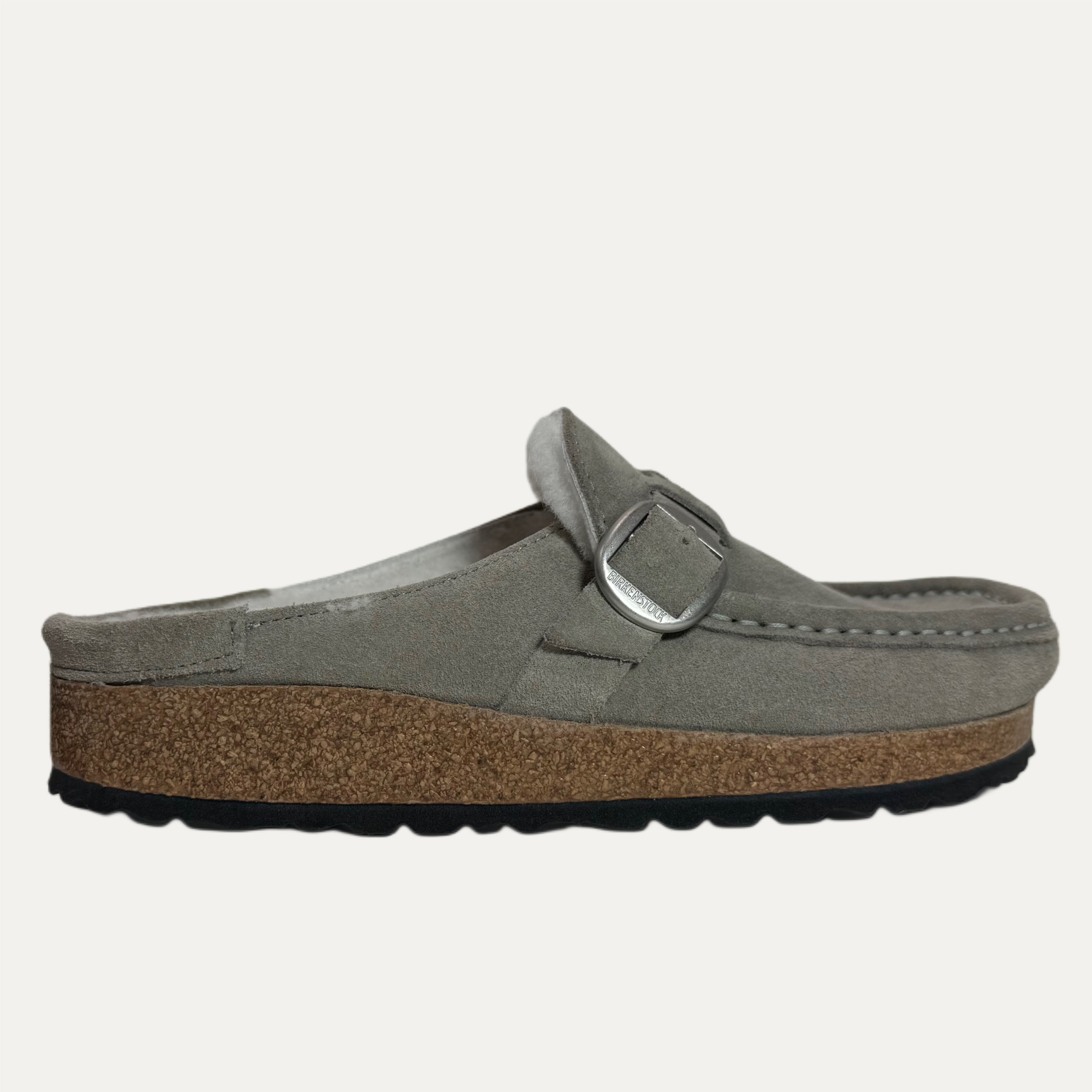 Gray clog with cork sole on a white background