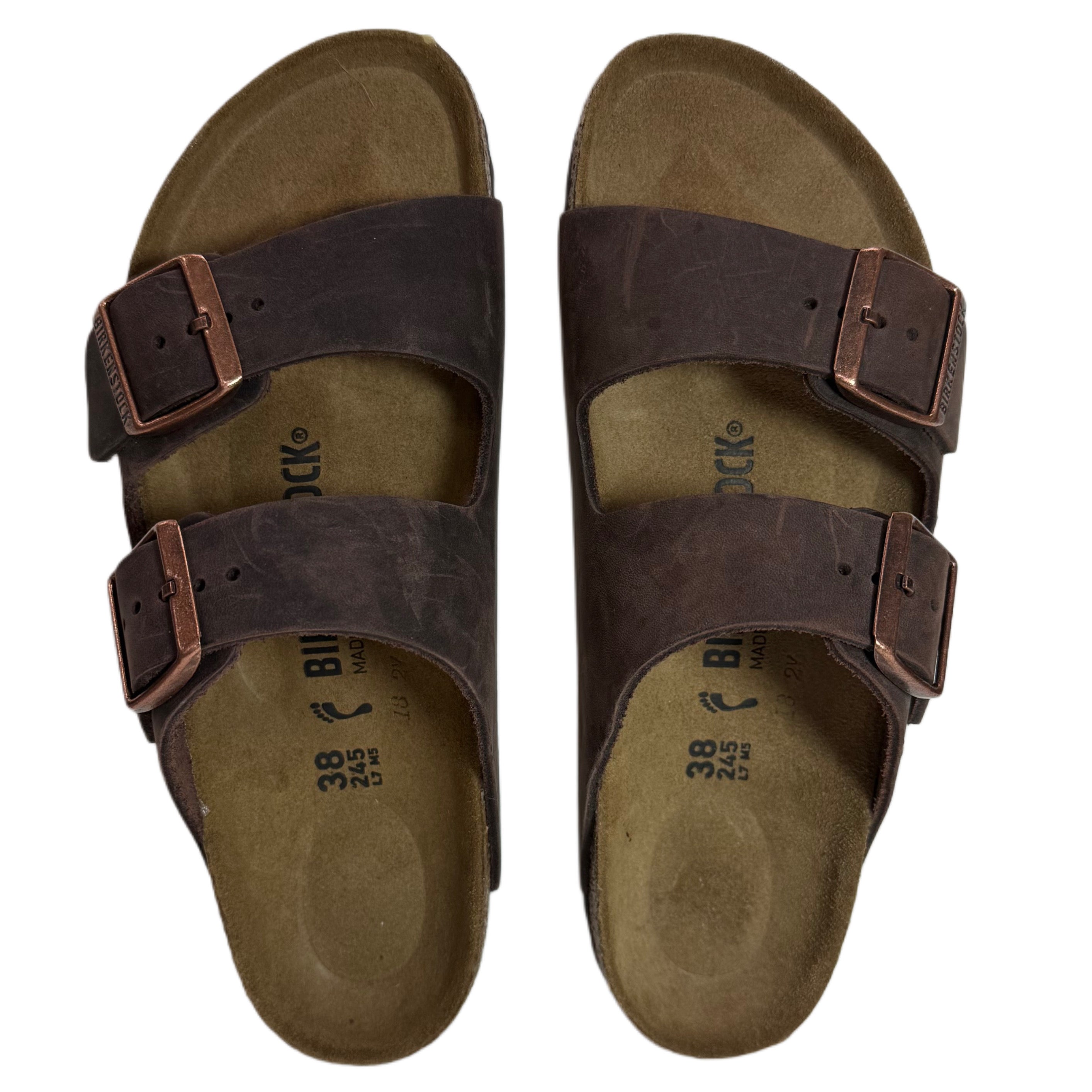 Pair of brown sandals with leather straps on a white background