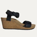 Black wedge sandal with cork sole on a white background