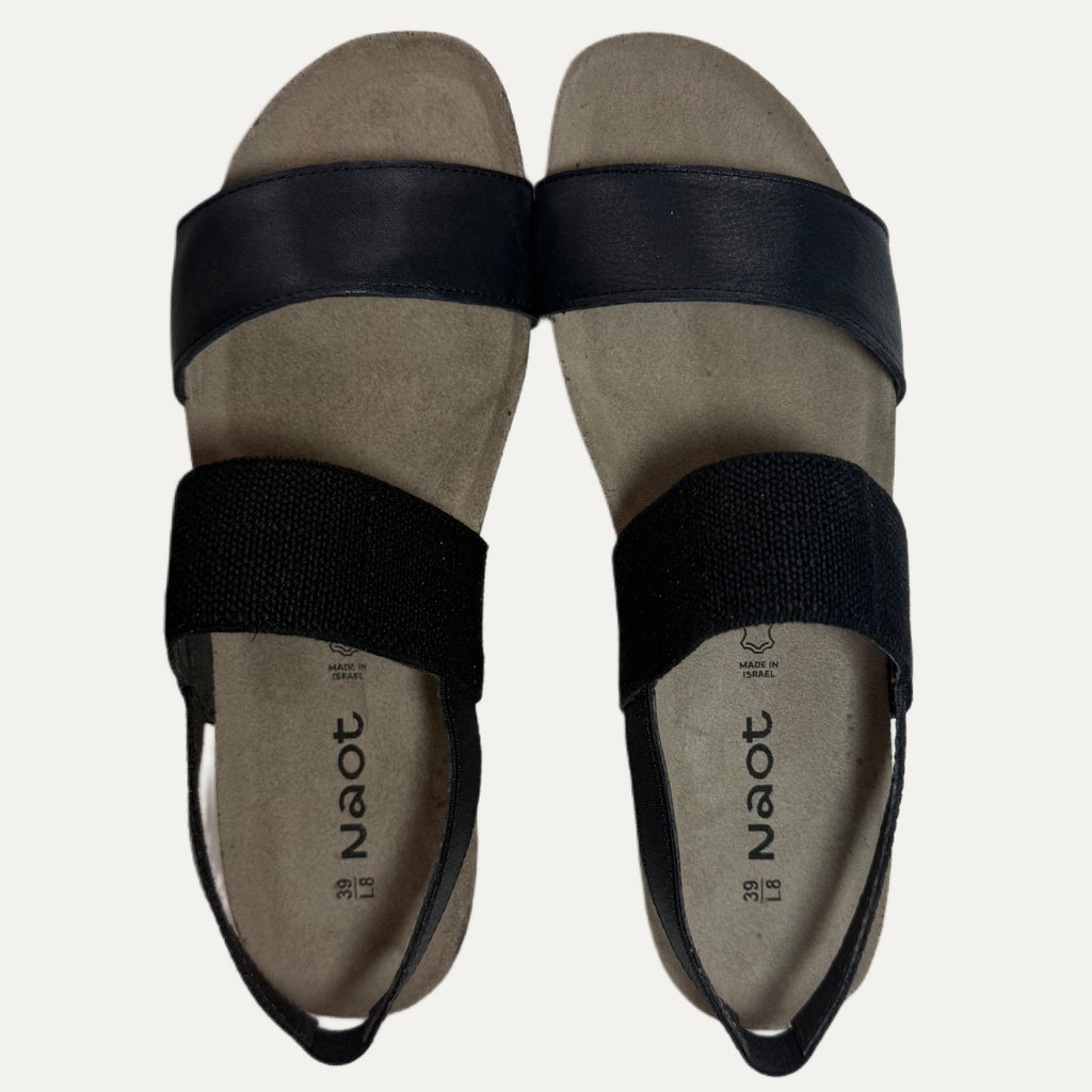 Black sandals with cork sole on a light gray background