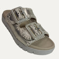 Metallic Beige sandal with tan buckle on a white background