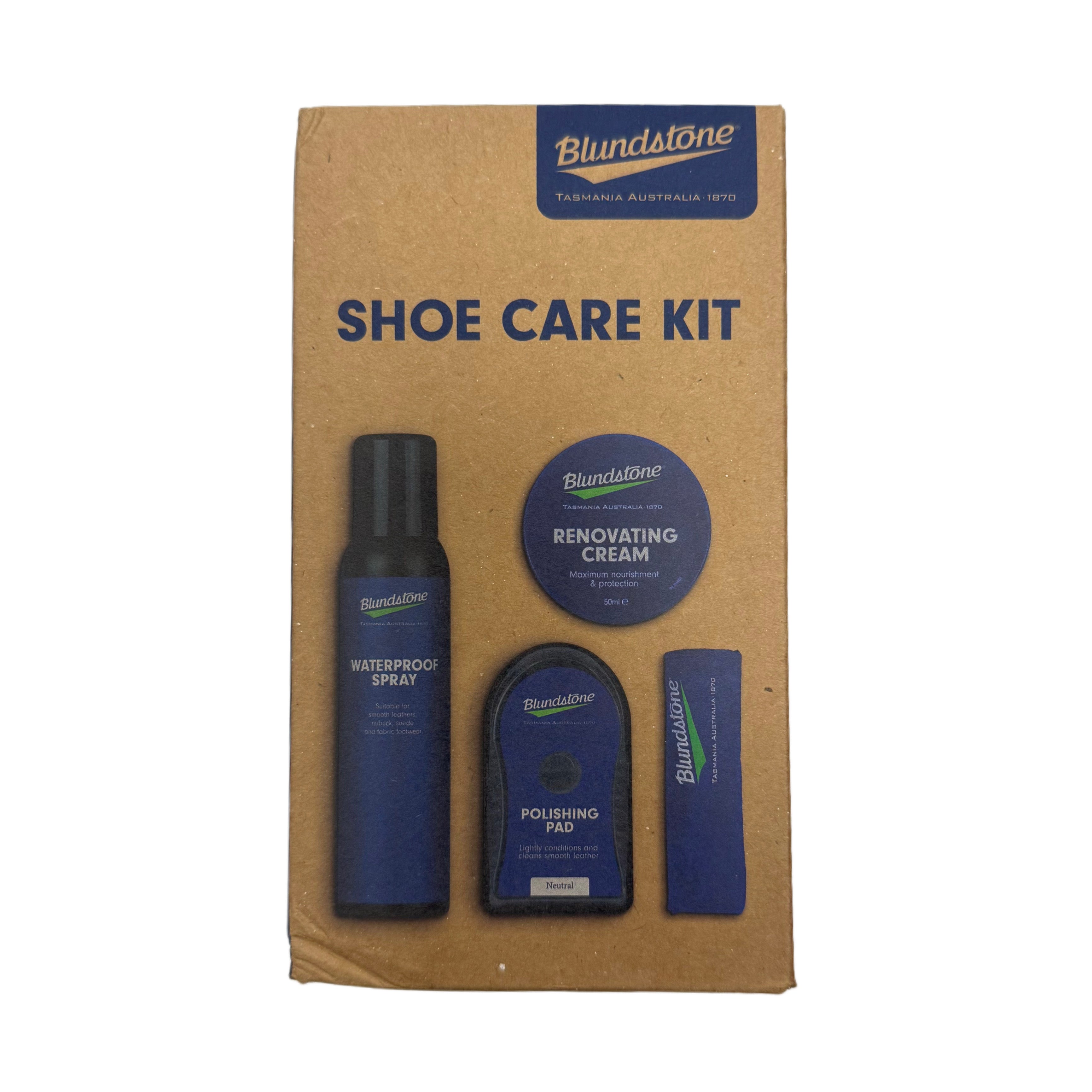 Blundstone shoe care kit with packaging on a white background