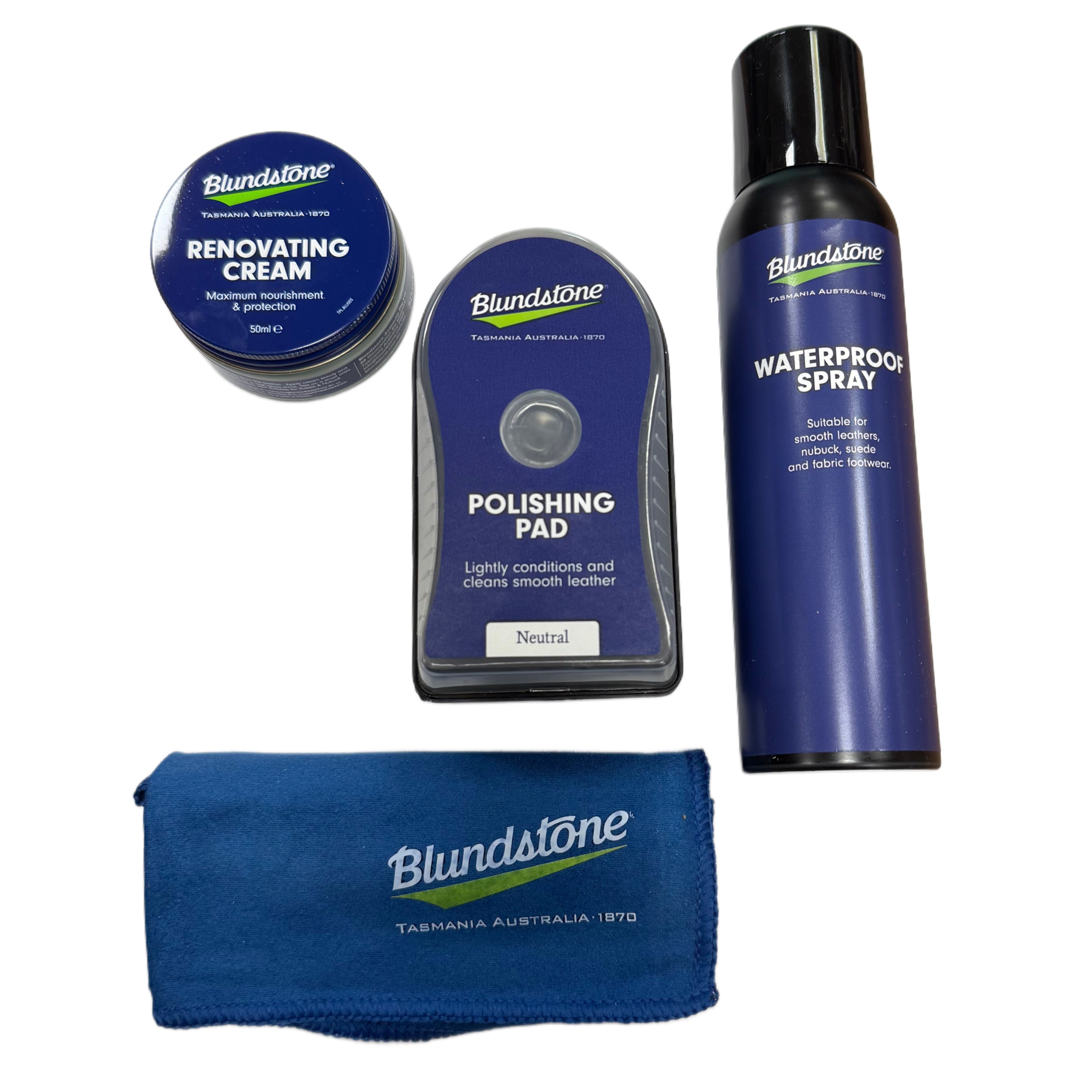 Blundstone leather care products including cream, polish pad, spray, and towel on a white background